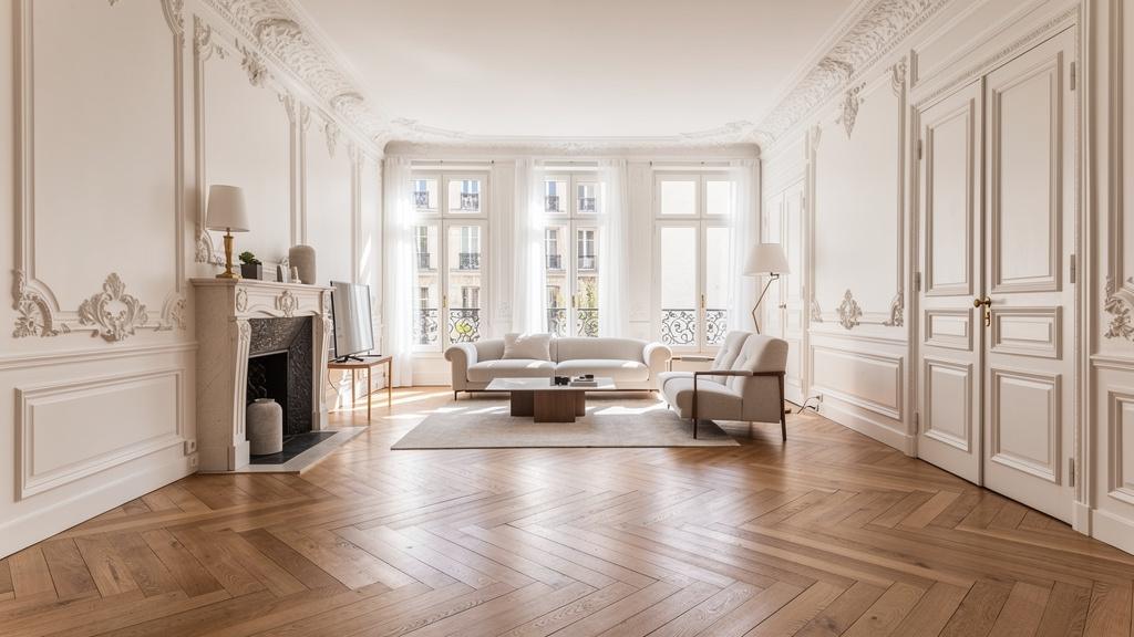 Intérieur rénové d'une maison meulière avec parquet chêne et moulures d'époque préservées