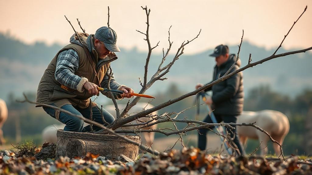 Élagueur coupant des branches à la limite d'un terrain